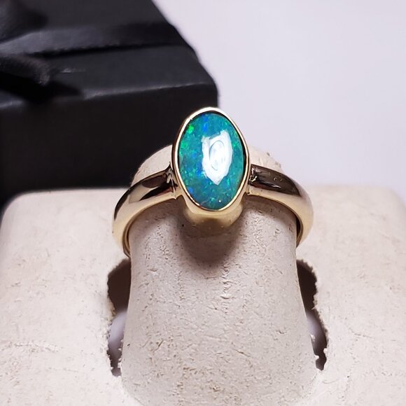 Estate 10X6mm Oval Natural Boulder Opal Bezel Set 14Kt Y/Gold S-4.5 Ring #23148 - Picture 1 of 6